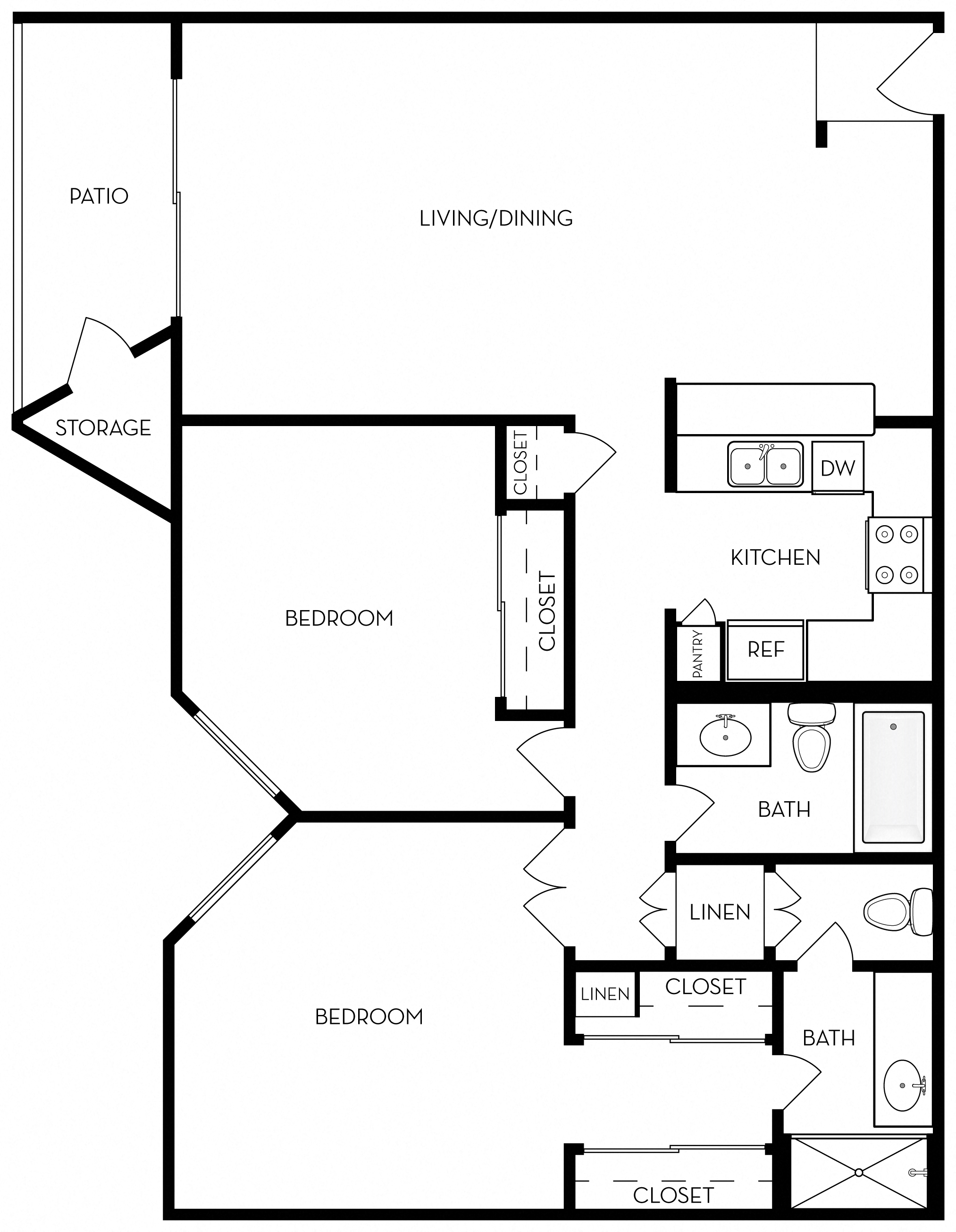 Floor plan for 2 beds, 2 baths, 997 sqft