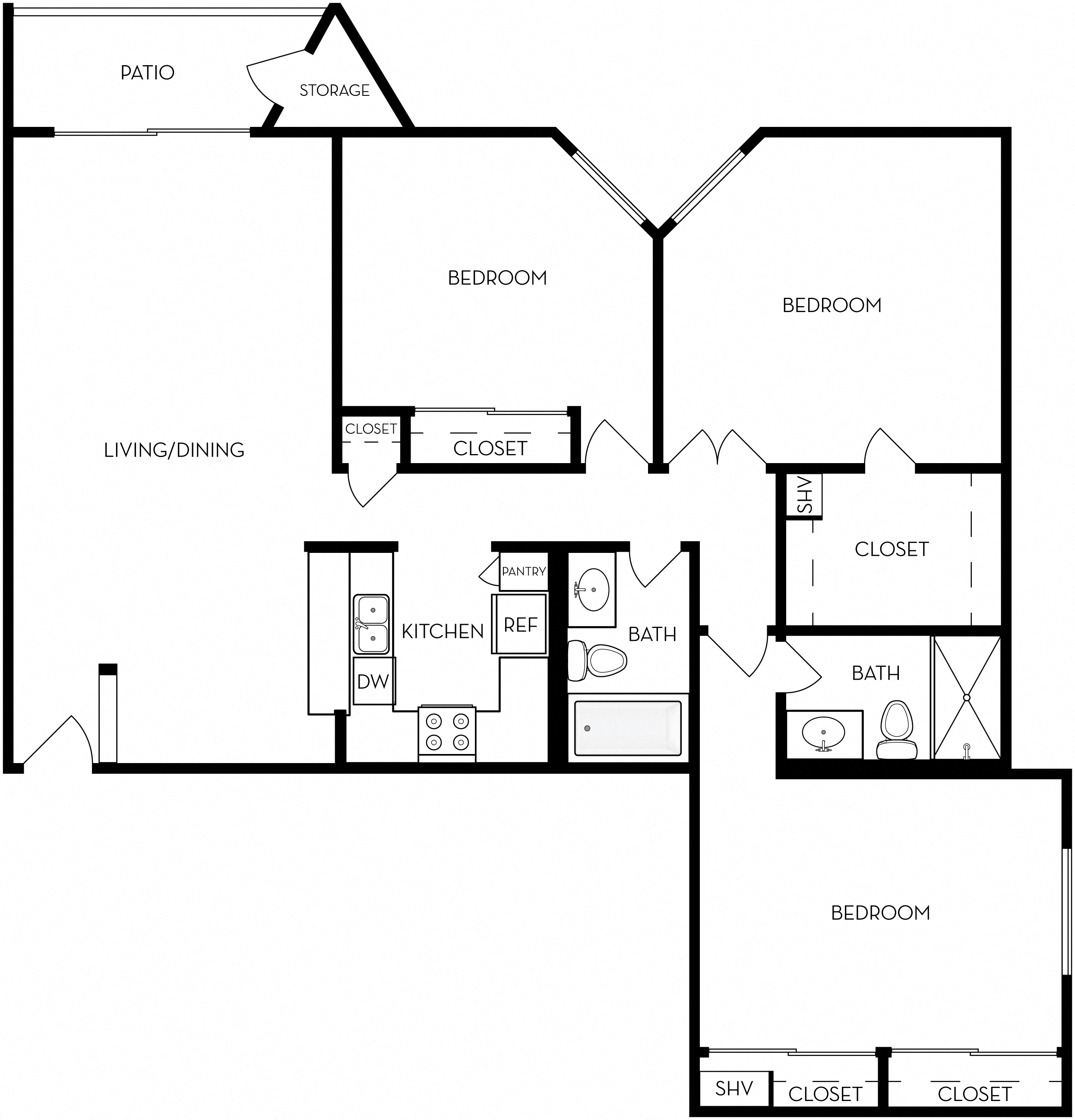 Floor plan for 3 beds, 2 baths, 1214 sqft