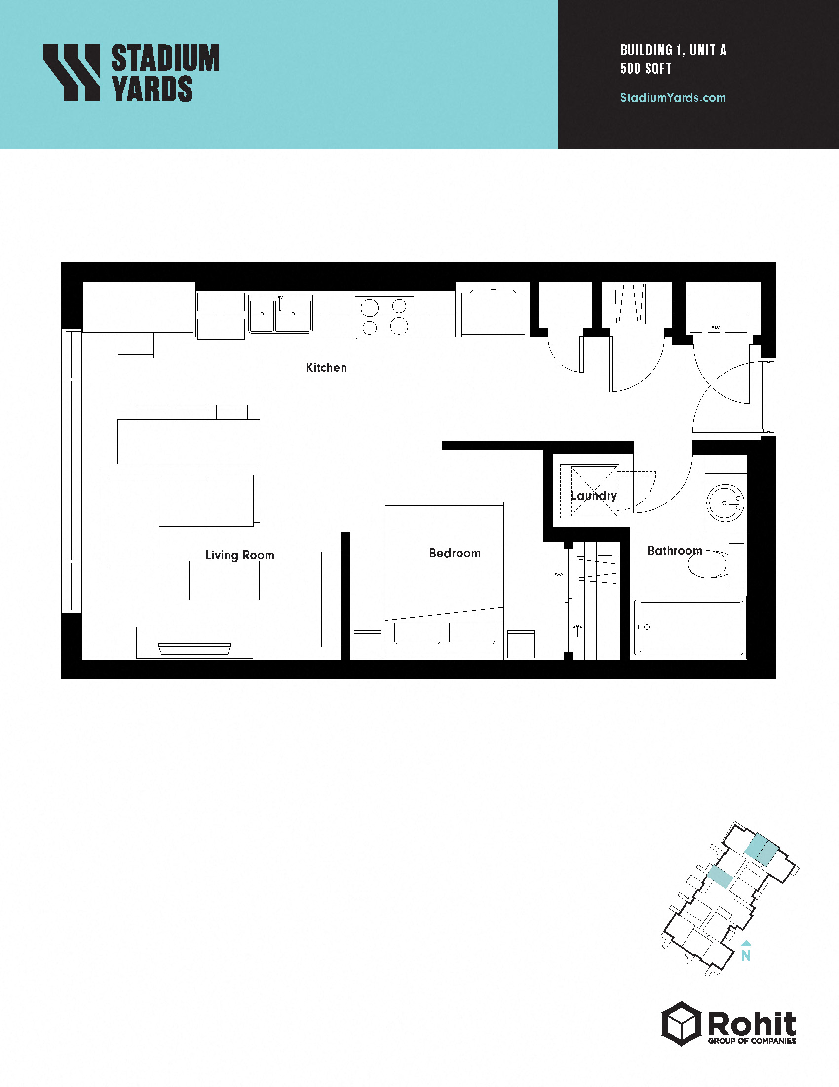 Floor plan for 1 bed, 1 bath, 500 sqft