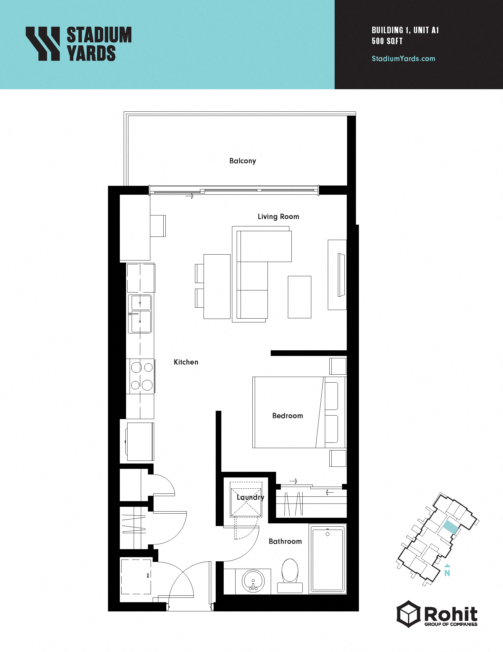 Floor plan for 1 bed, 1 bath, 500 sqft