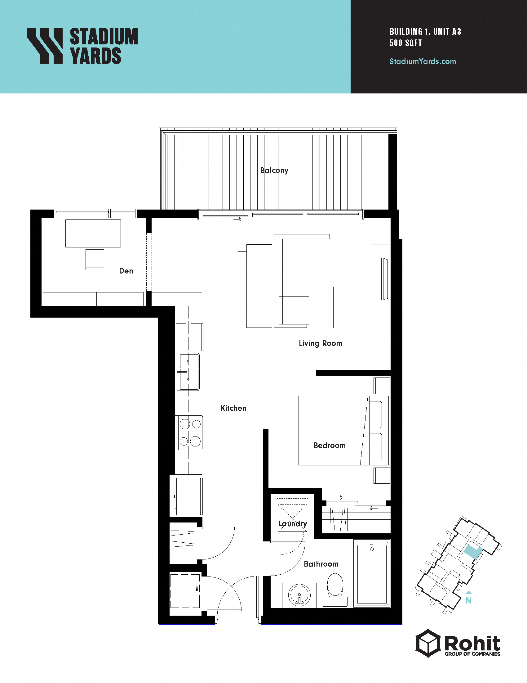 Floor plan for 1 bed, 1 bath, 500 sqft