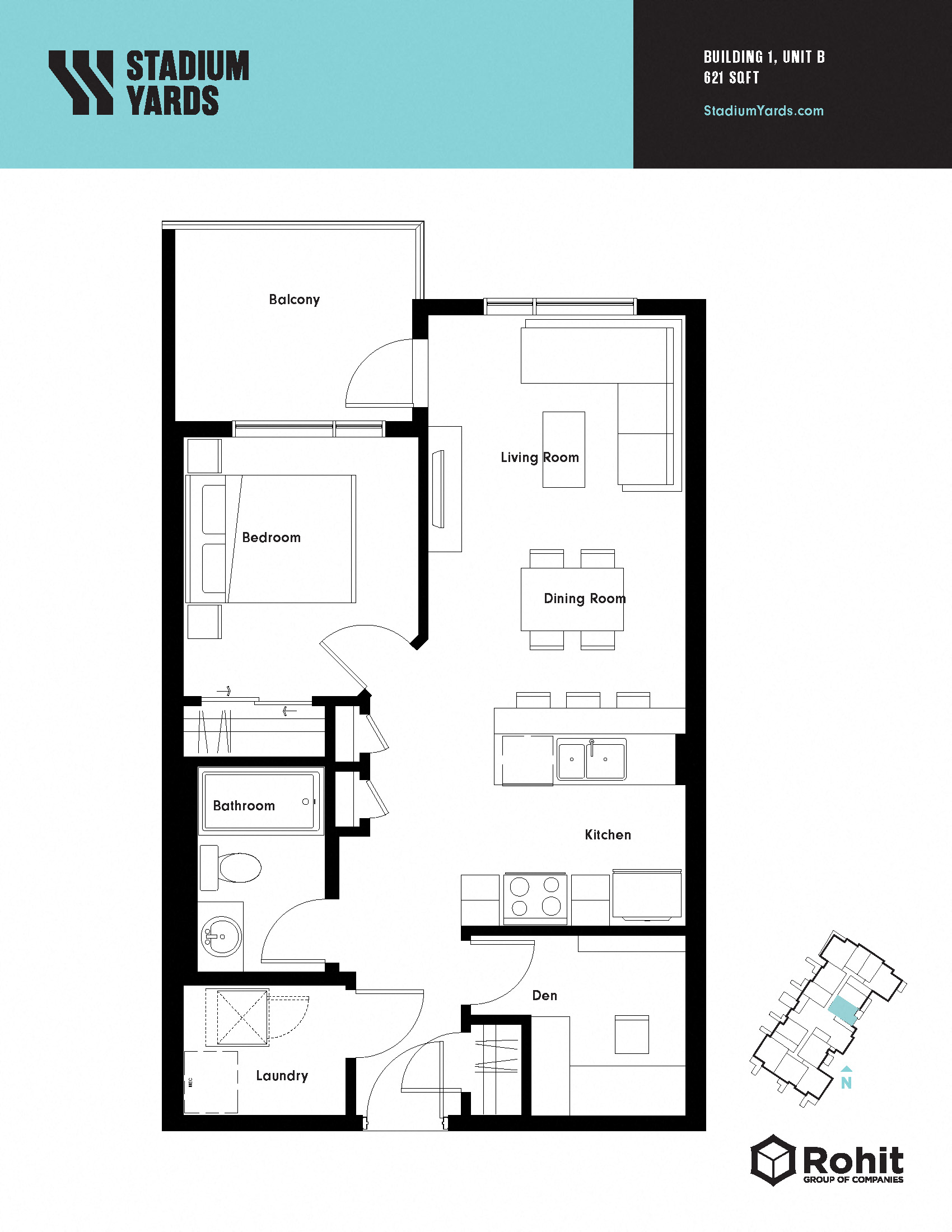 Floor plan for 1 bed, 1 bath, 621 sqft