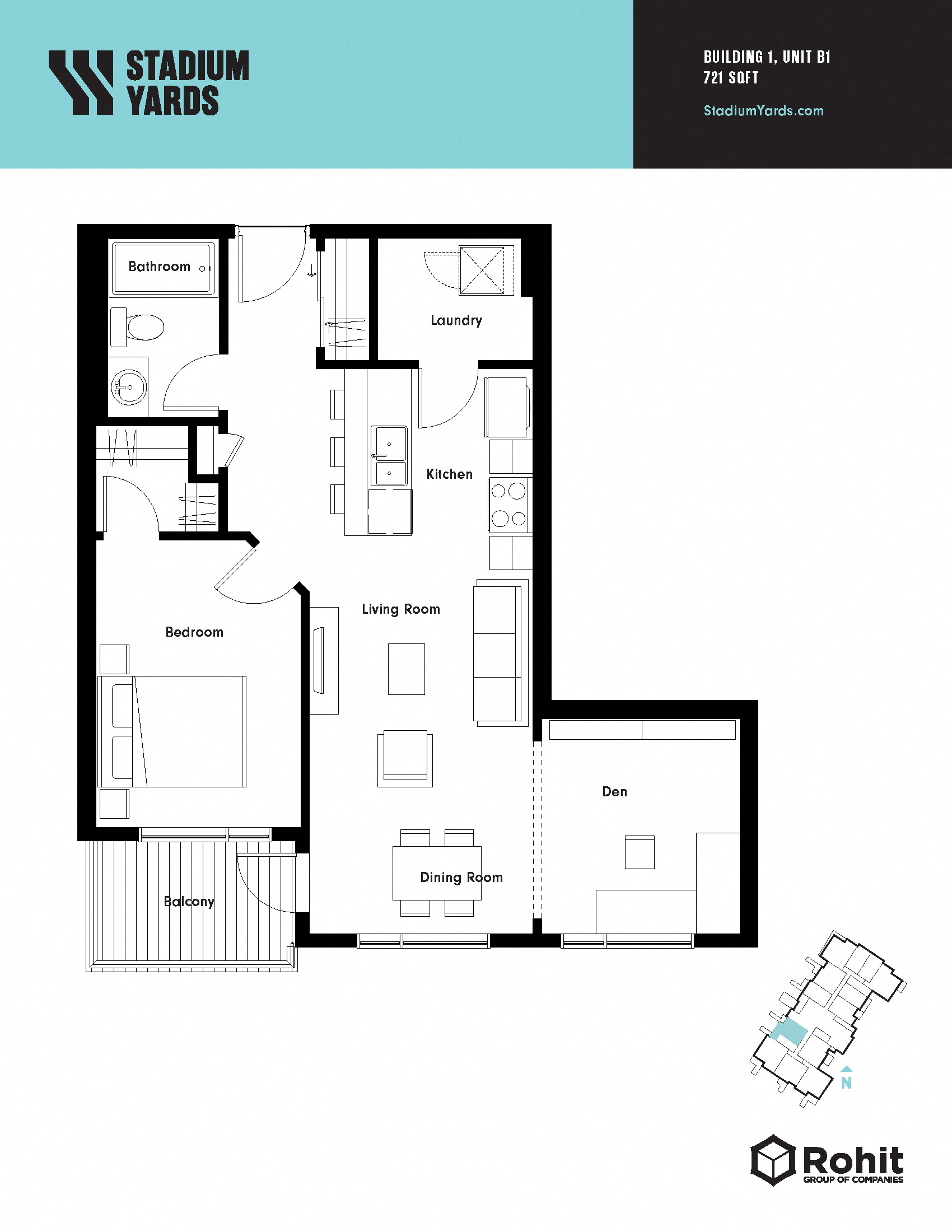 Floor plan for 1 bed, 1 bath, 721 sqft