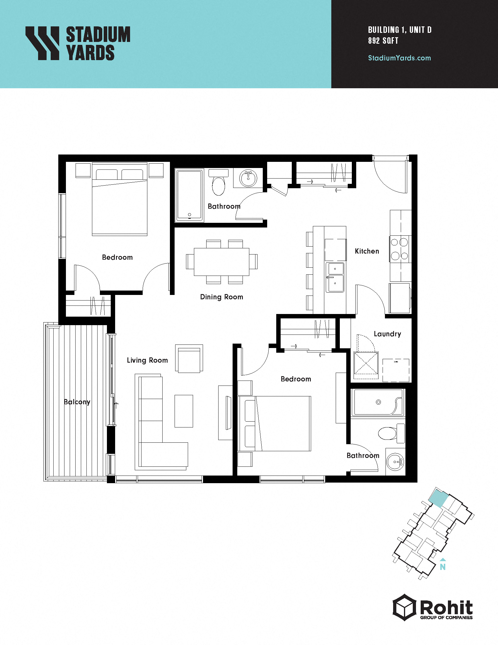 Floor plan for 2 beds, 2 baths, 892 sqft
