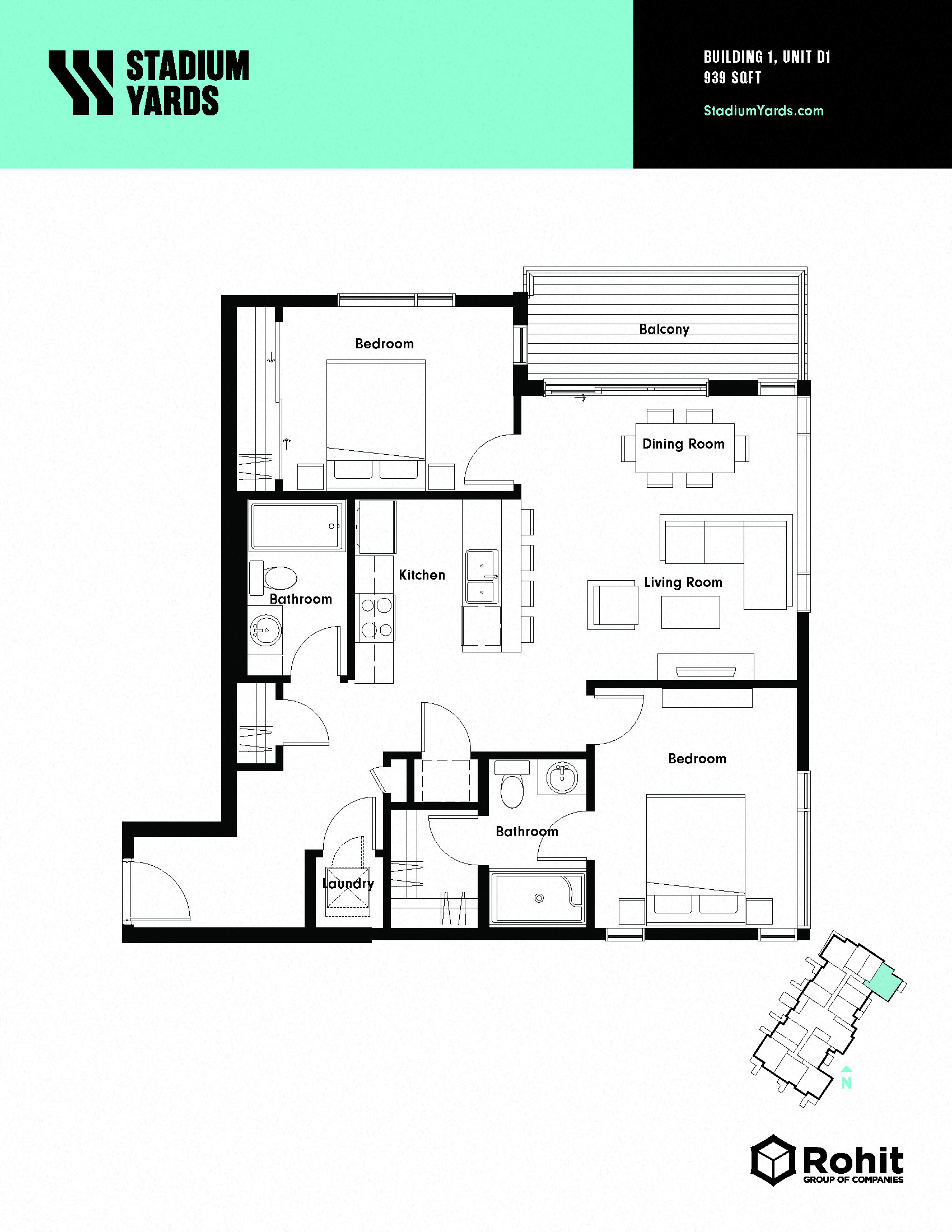 Floor plan for 2 beds, 2 baths, 939 sqft