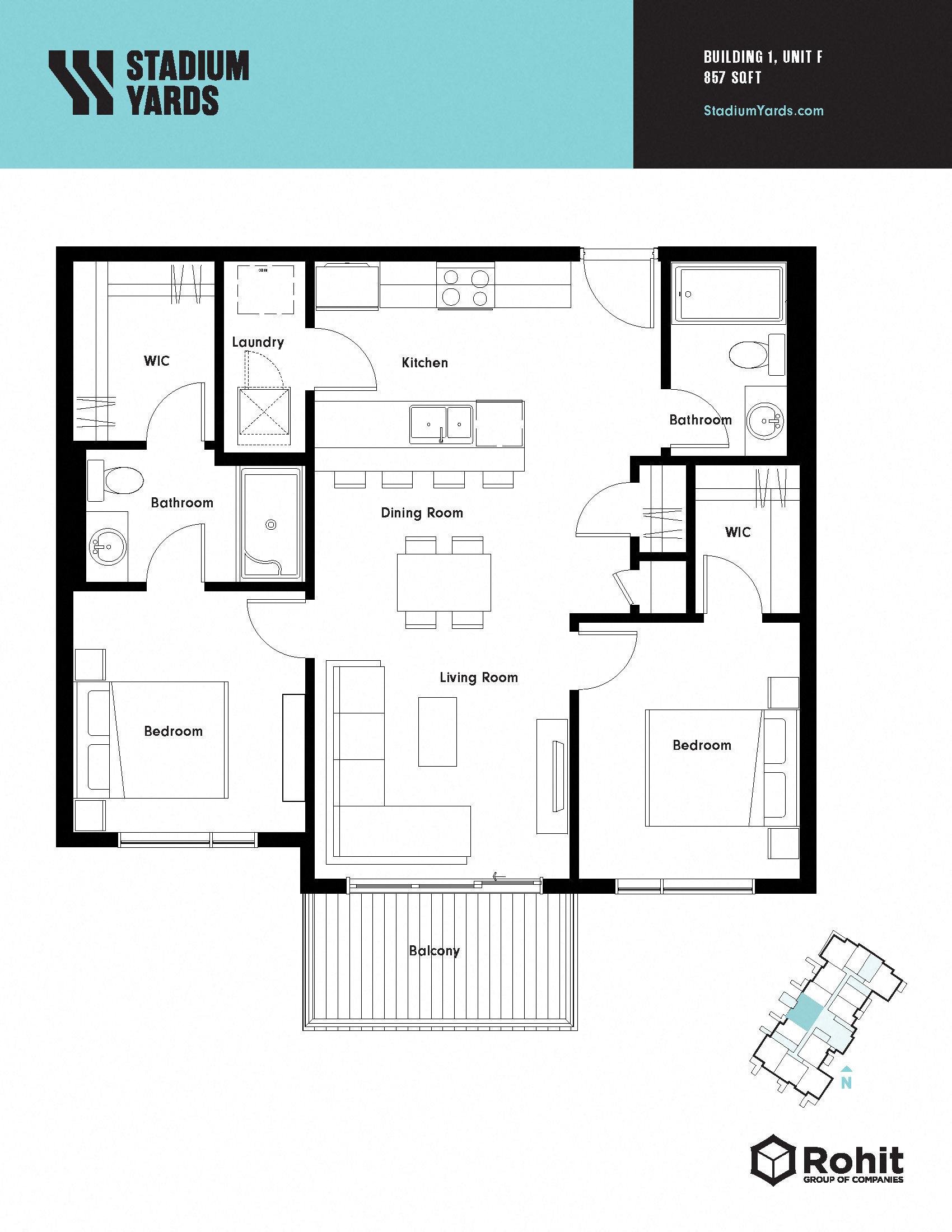 Floor plan for 2 beds, 2 baths, 857 sqft