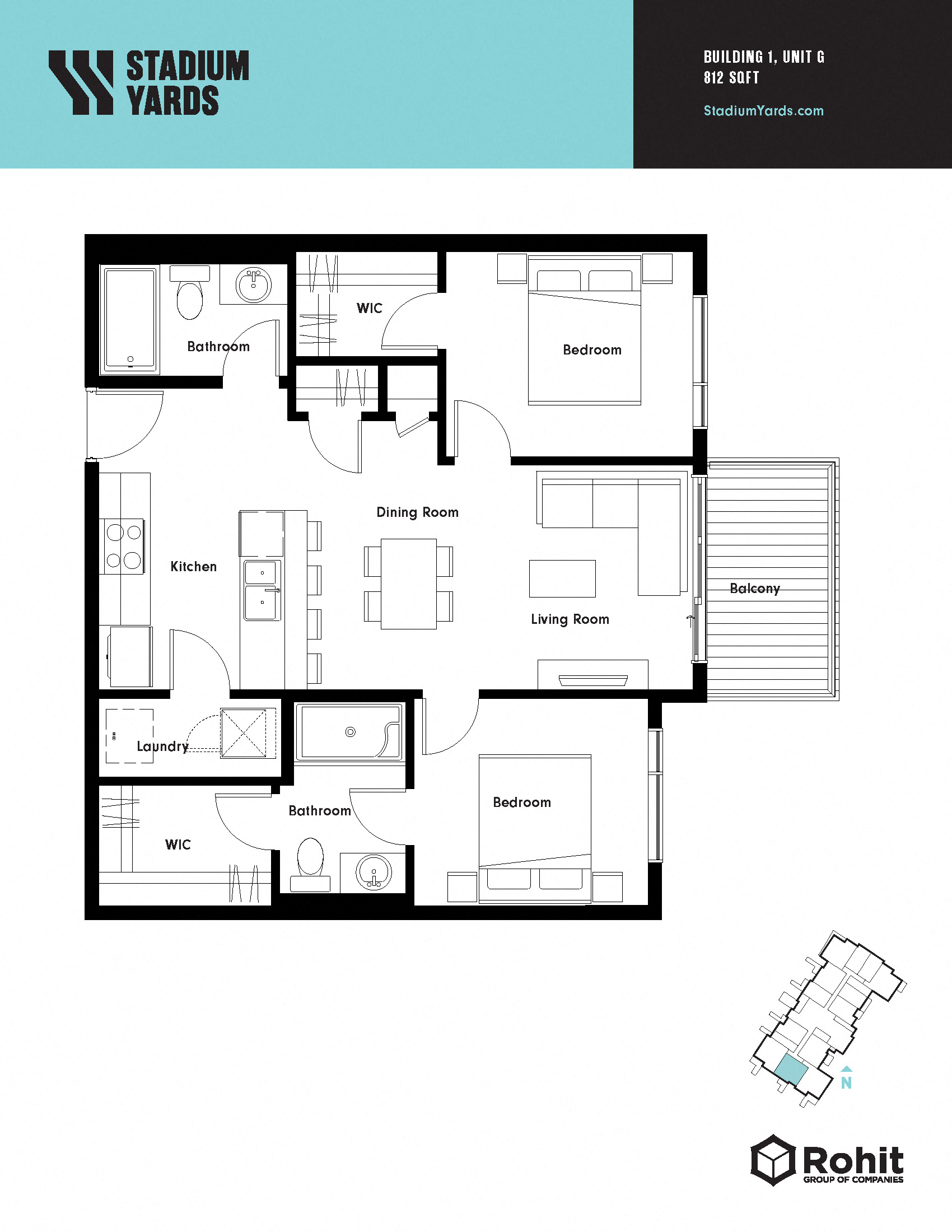 Floor plan for 2 beds, 2 baths, 812 sqft