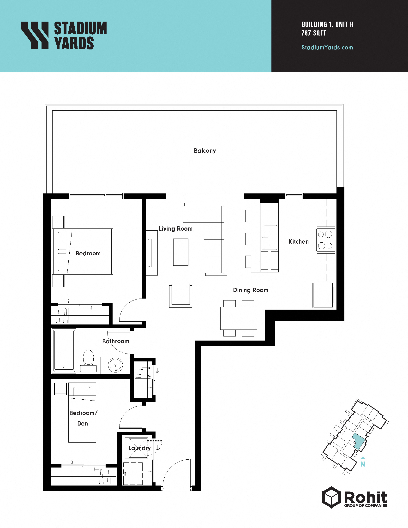 Floor plan for 1 bed, 1 bath, 767 sqft