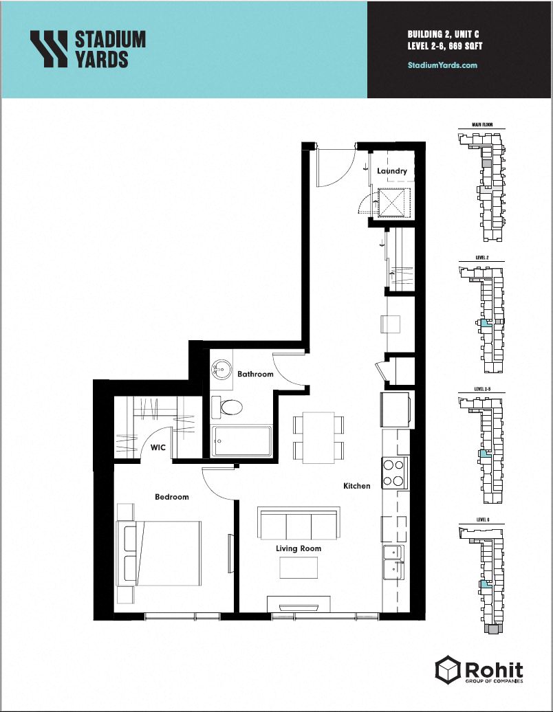 Floor plan for 1 bed, 1 bath, 669 sqft