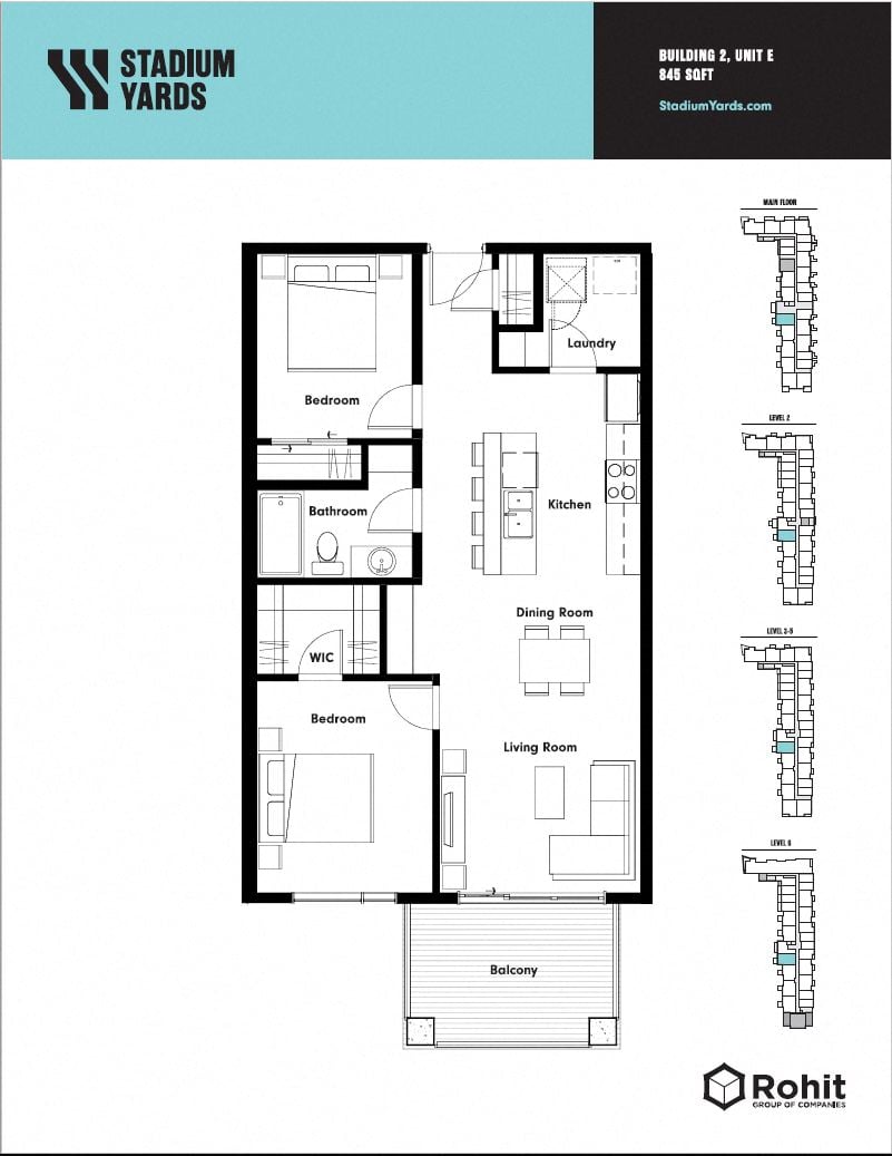 Floor plan for 1 bed, 1 bath, 845 sqft