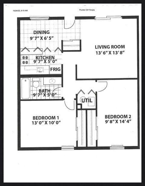 Floor plan for 2 beds, 1 bath, 940 sqft