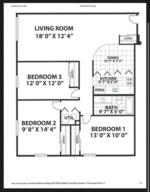 Floor plan for 3 beds, 1 bath, 1200 sqft