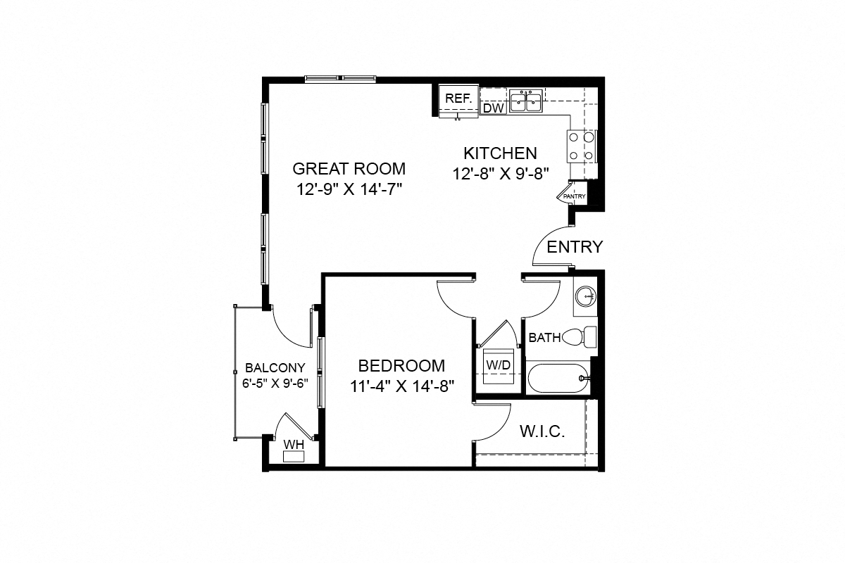 Floor plan for 1 bed, 1 bath, 799 sqft
