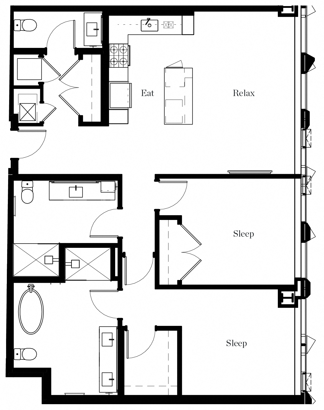 Floor plan for 2 beds, 2.5 baths, 1358 sqft