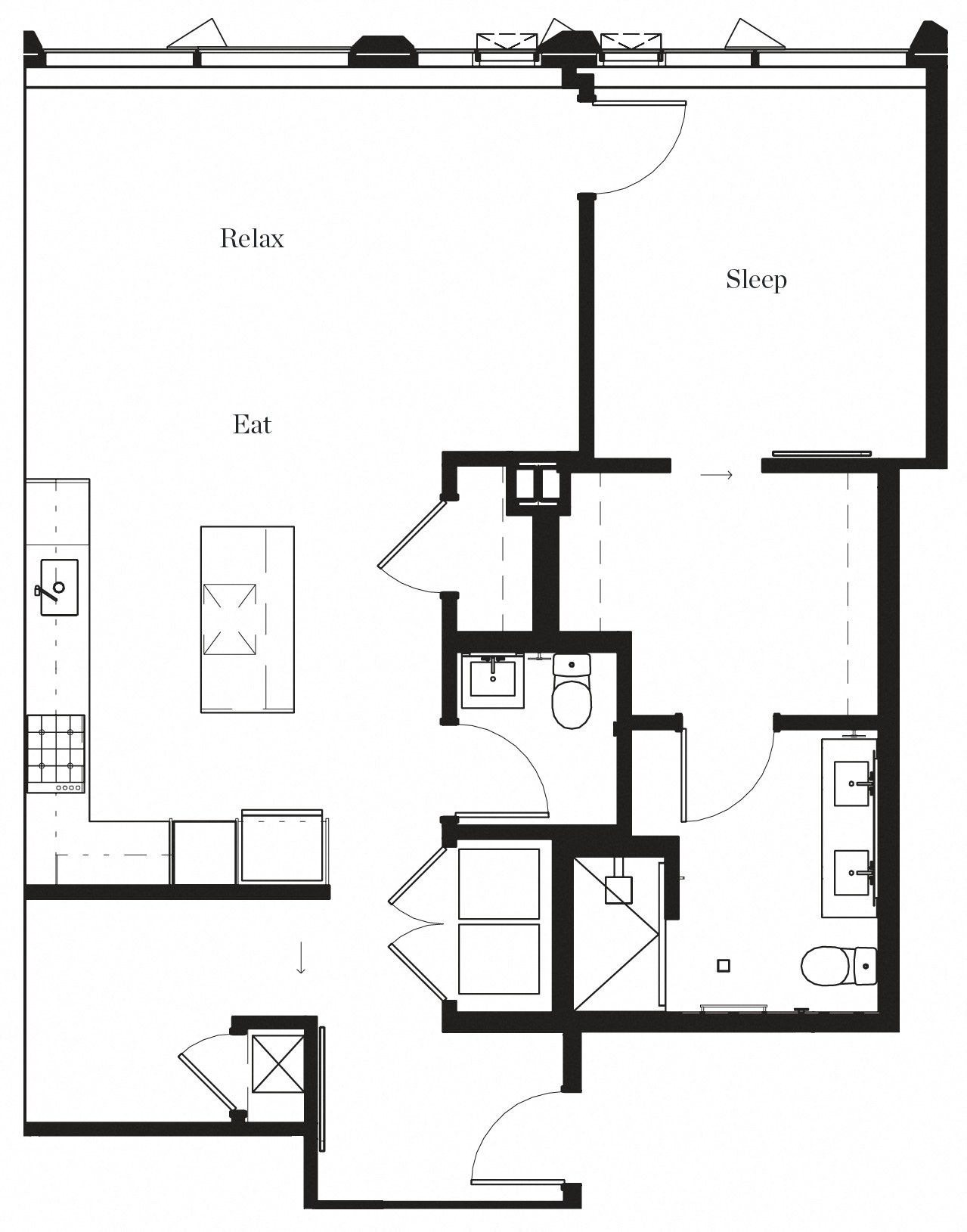 Floor plan for 1 bed, 1.5 baths, 1010 sqft