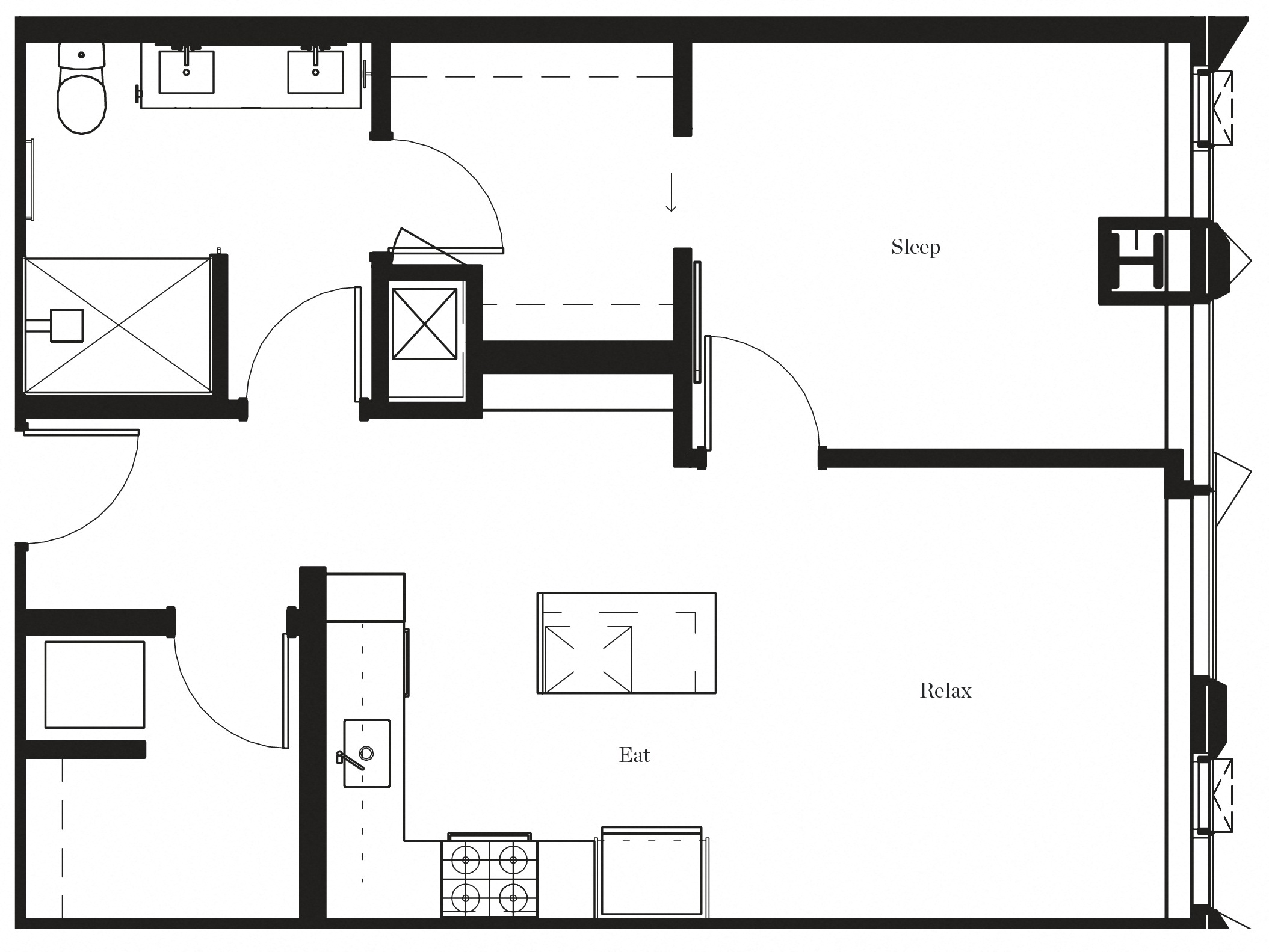 Floor plan for 1 bed, 1 bath, 764 sqft
