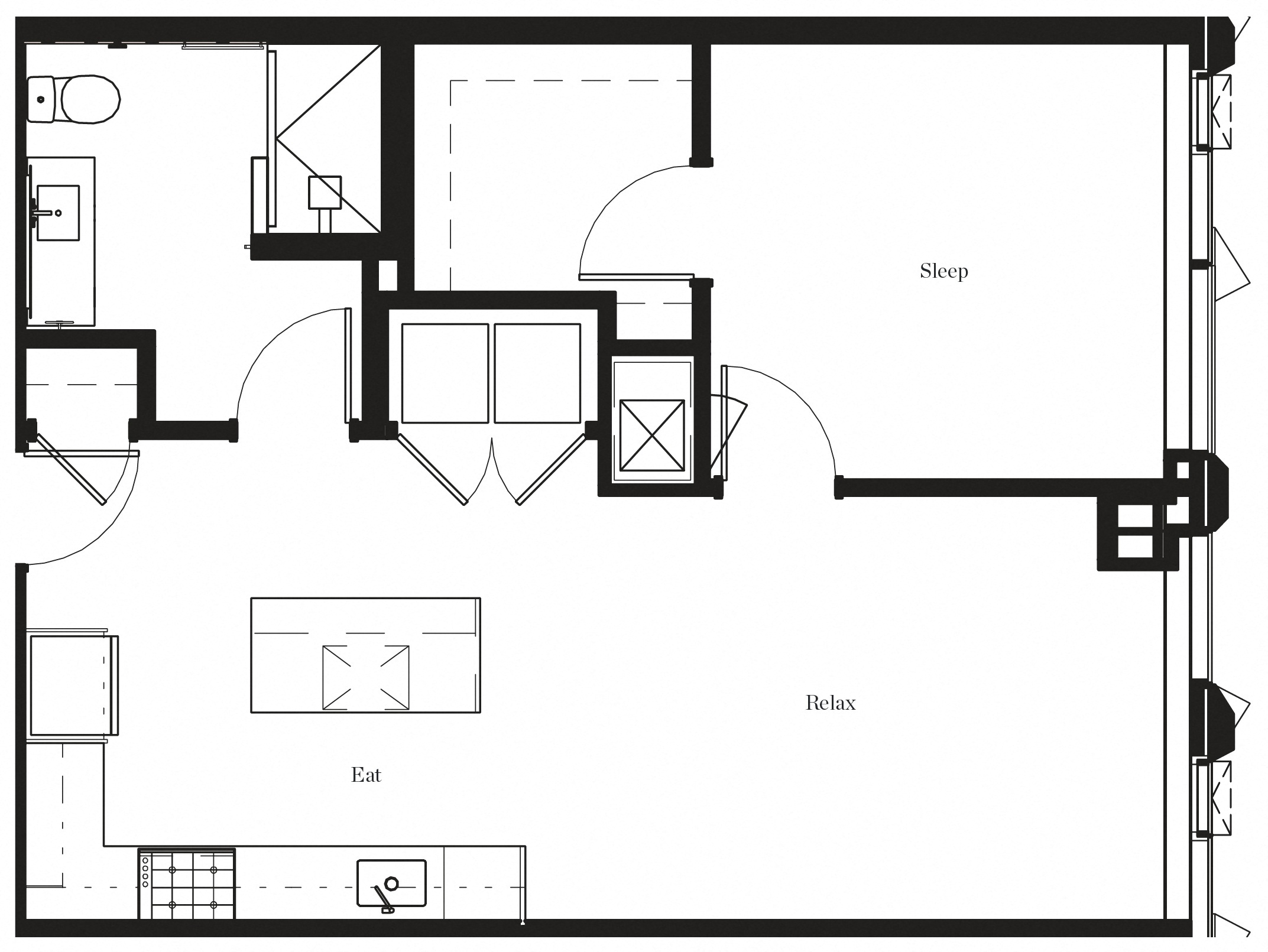 Floor plan for 1 bed, 1 bath, 764 sqft