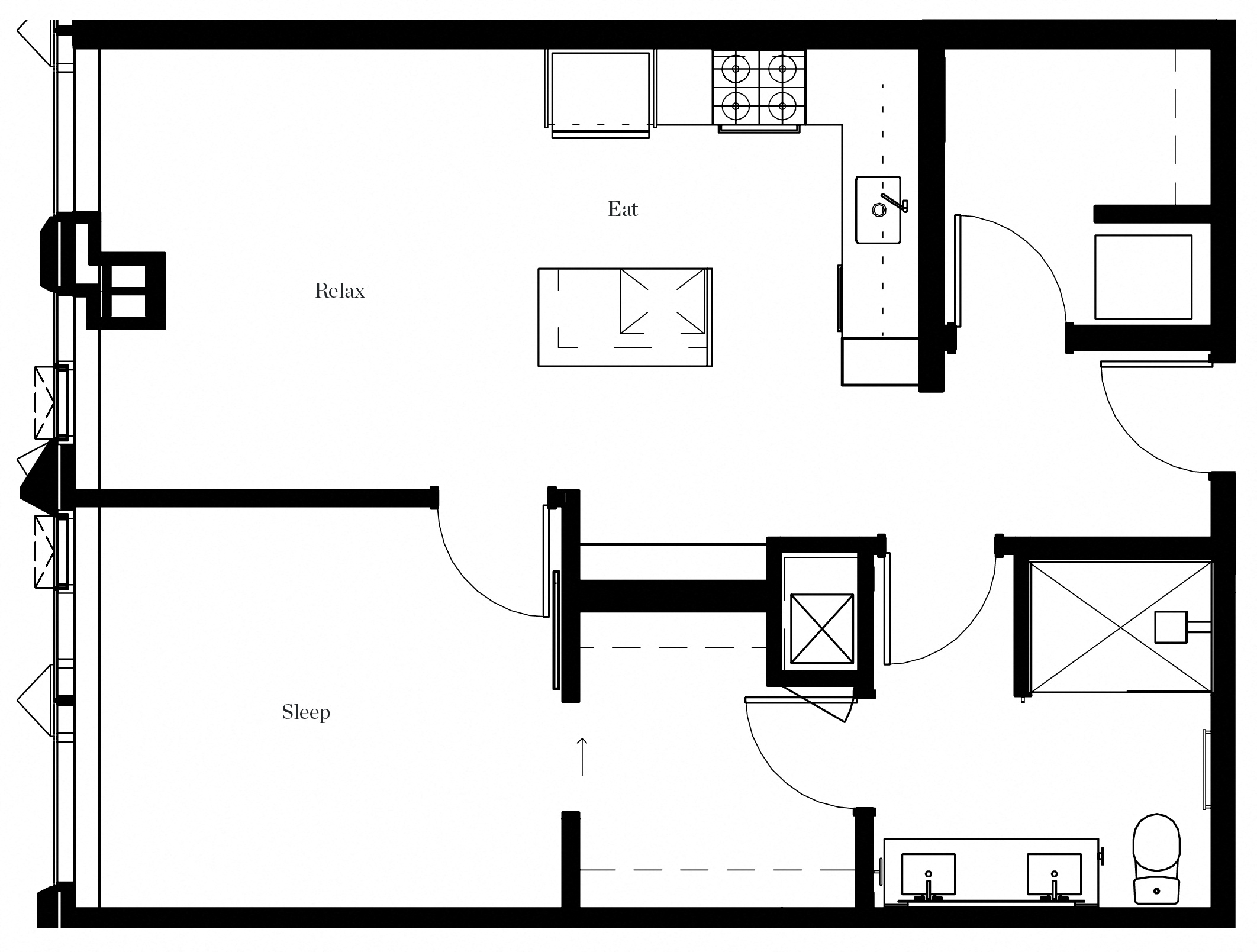 Floor plan for 1 bed, 1 bath, 760 sqft