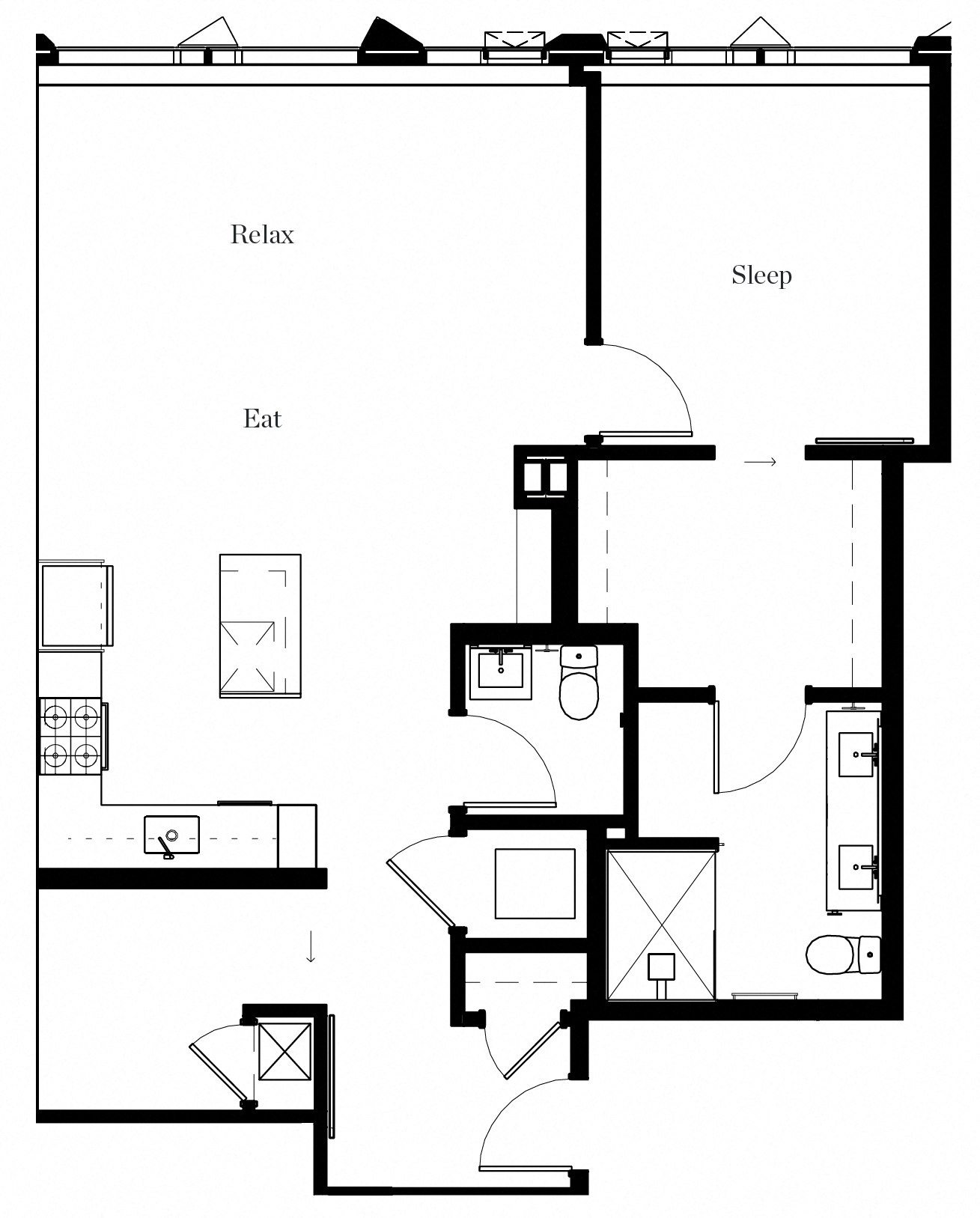 Floor plan for 1 bed, 1.5 baths, 1010 sqft