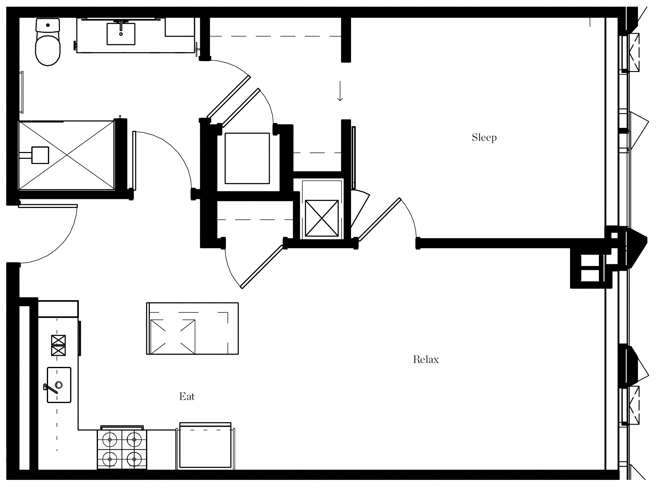 Floor plan for 1 bed, 1 bath, 764 sqft