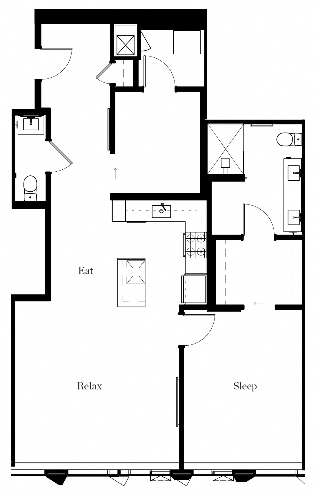 Floor plan for 1 bed, 1.5 baths, 1091 sqft