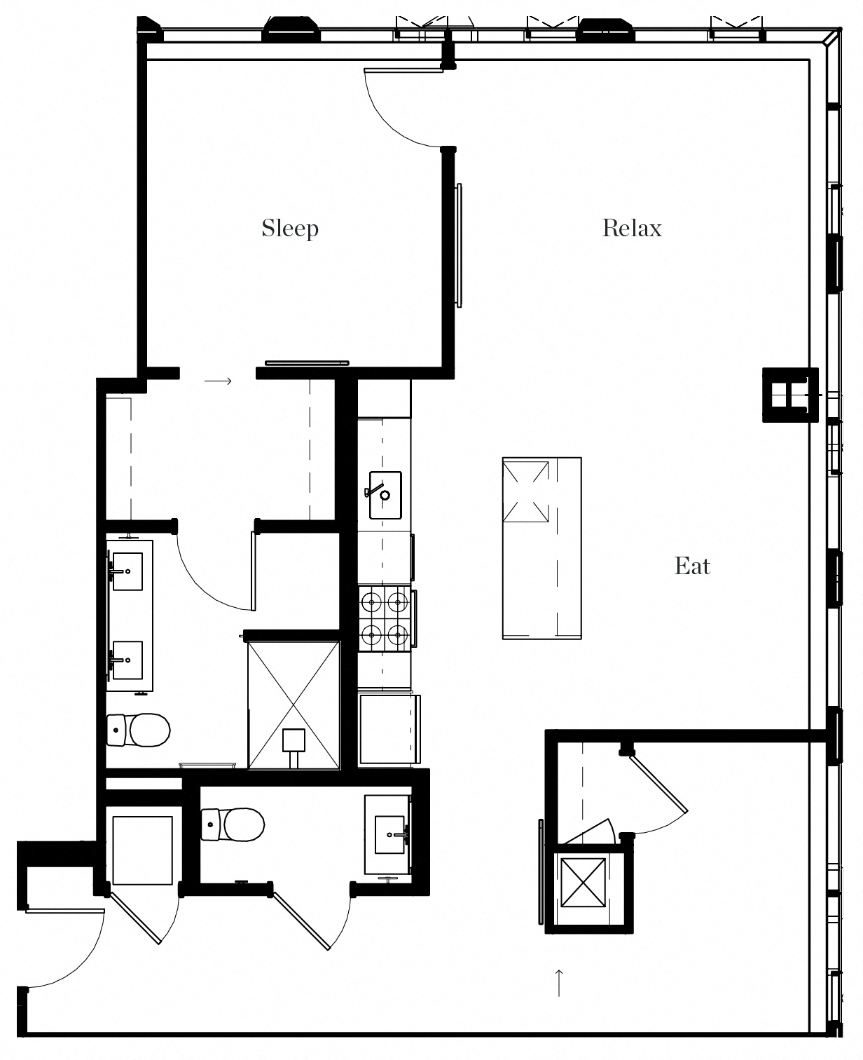 Floor plan for 1 bed, 1.5 baths, 1116 sqft
