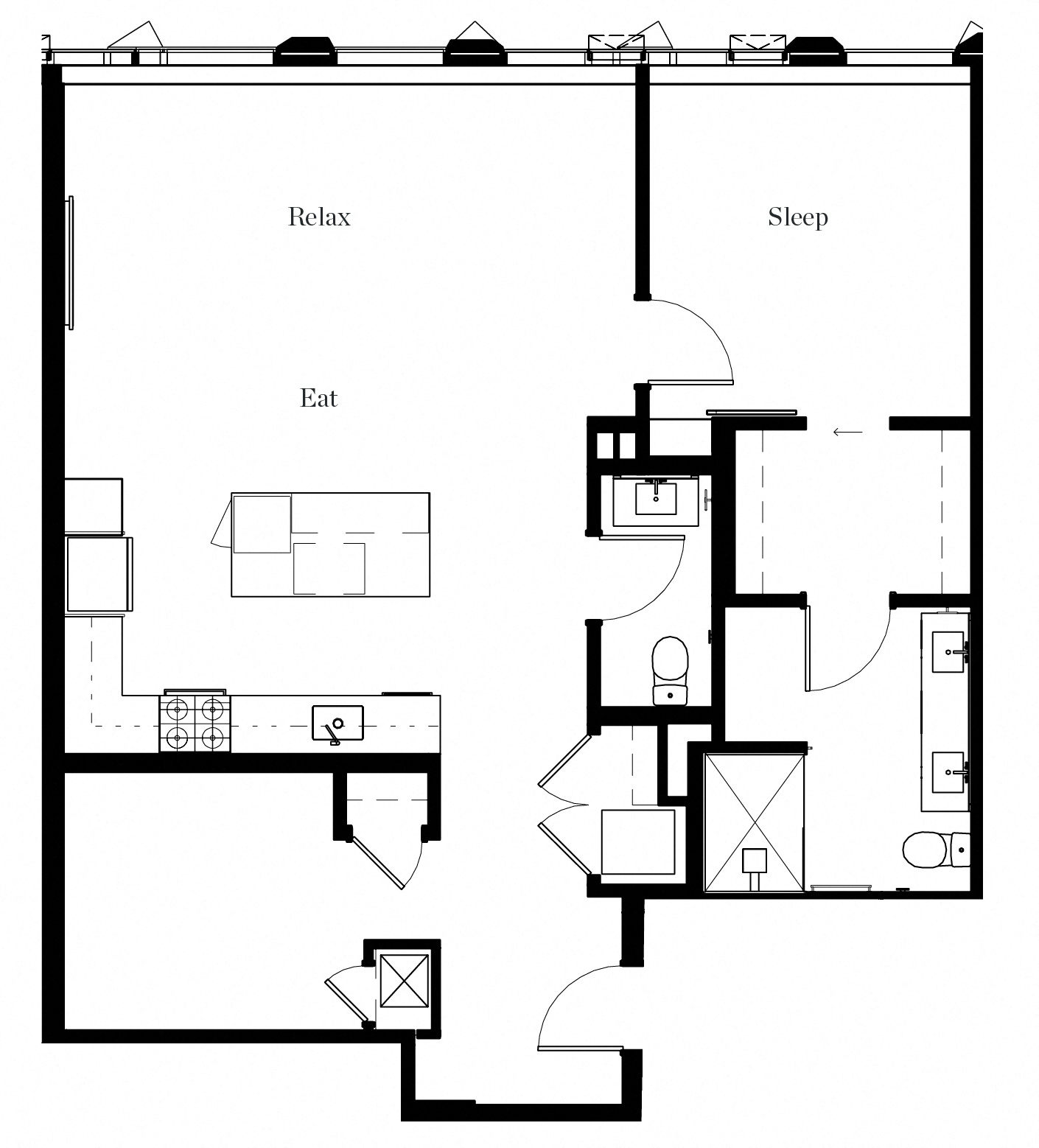 Floor plan for 1 bed, 1.5 baths, 1122 sqft