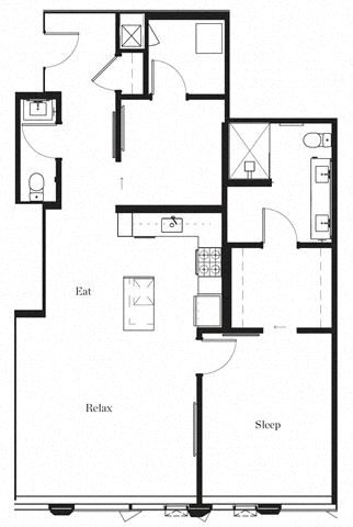 Floor plan for 1 bed, 1.5 baths, 1100 sqft