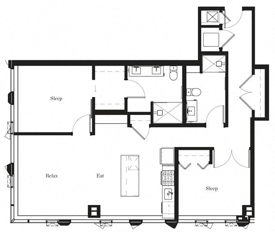 Floor plan for 2 beds, 2 baths, 1213 sqft