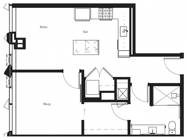 Floor plan for 1 bed, 1 bath, 682 sqft