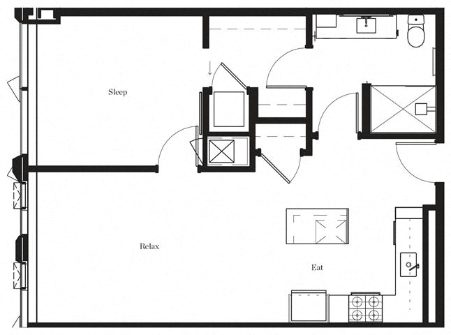 Floor plan for 1 bed, 1 bath, 763 sqft