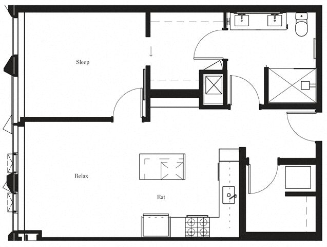 Floor plan for 1 bed, 1 bath, 762 sqft