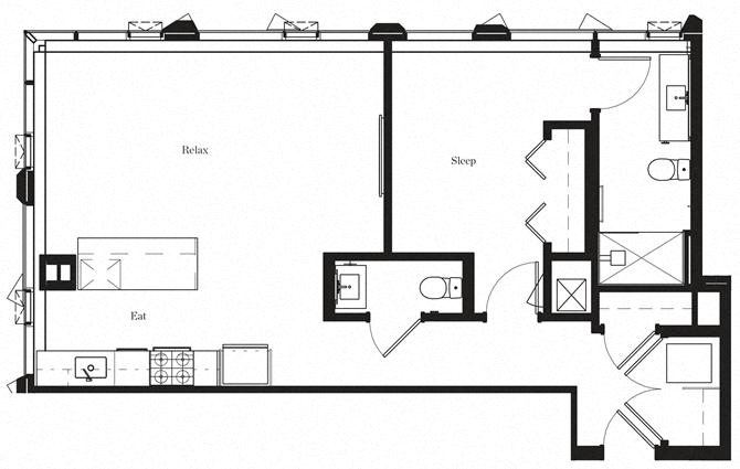Floor plan for 1 bed, 1.5 baths, 864 sqft
