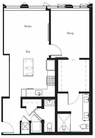 Floor plan for 1 bed, 1.5 baths, 833 sqft