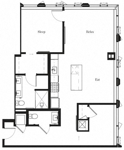 Floor plan for 1 bed, 1.5 baths, 1117 sqft