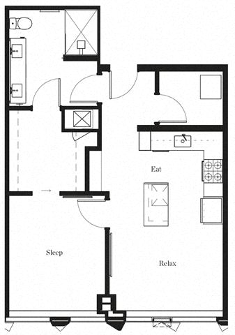 Floor plan for 1 bed, 1 bath, 734 sqft