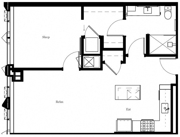 Floor plan for 1 bed, 1 bath, 779 sqft