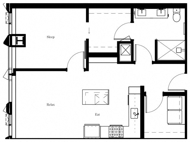 Floor plan for 1 bed, 1 bath, 764 sqft