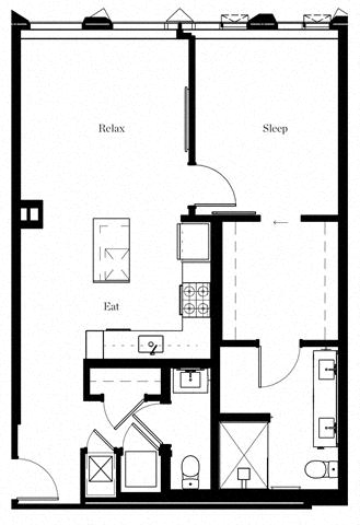 Floor plan for 1 bed, 1.5 baths, 847 sqft