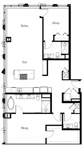 Floor plan for 2 beds, 2.5 baths, 1667 sqft