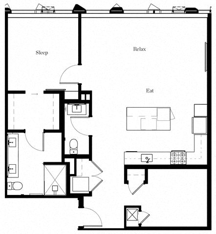 Floor plan for 1 bed, 1.5 baths, 1103 sqft