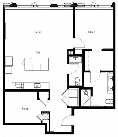 Floor plan for 1 bed, 1.5 baths, 1122 sqft