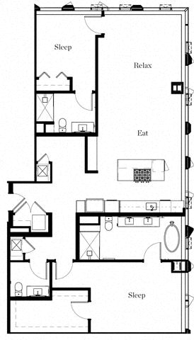 Floor plan for 2 beds, 2.5 baths, 1665 sqft
