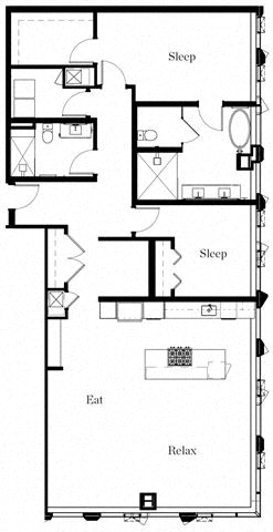 Floor plan for 2 beds, 2 baths, 1830 sqft