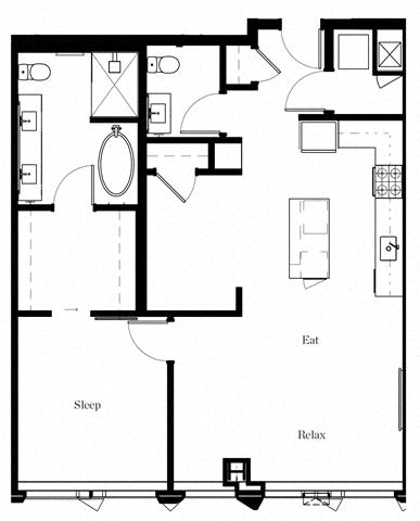 Floor plan for 1 bed, 1.5 baths, 1045 sqft