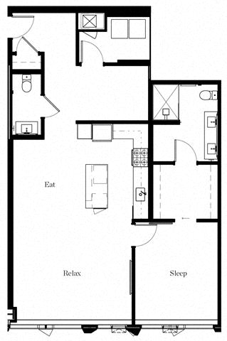 Floor plan for 1 bed, 1.5 baths, 1170 sqft