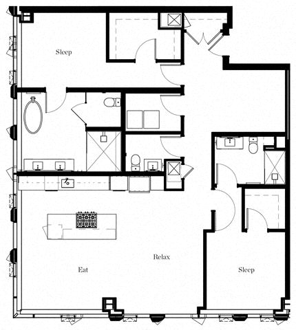 Floor plan for 2 beds, 2.5 baths, 1732 sqft