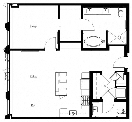 Floor plan for 1 bed, 1.5 baths, 952 sqft