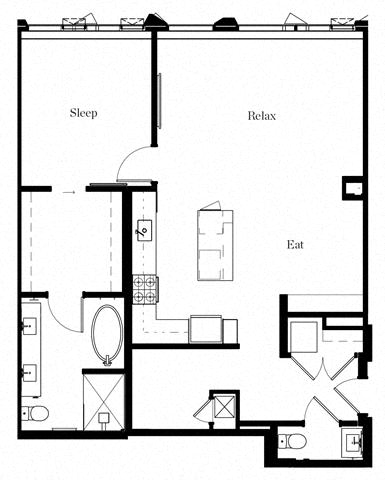 Floor plan for 1 bed, 1.5 baths, 1086 sqft