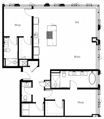 Floor plan for 2 beds, 2.5 baths, 1605 sqft